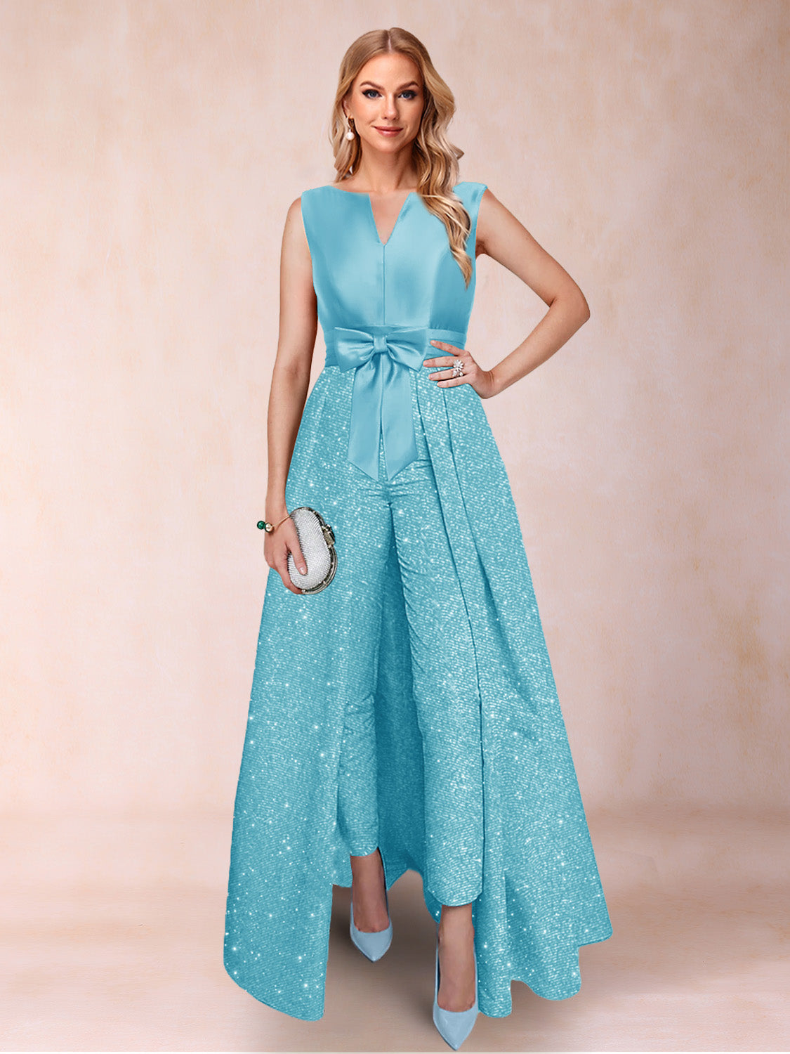 A-Line/Princess V-Neck 3/4 Sleeves 2 Pieces Pantsuits with Bow Knot