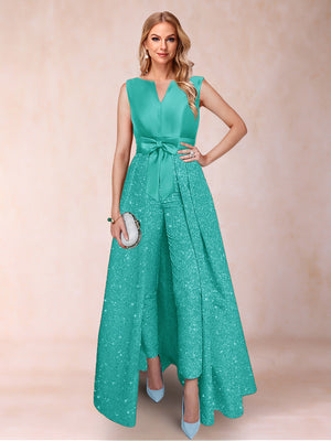 A-Line/Princess V-Neck 3/4 Sleeves 2 Pieces Pantsuits with Bow Knot