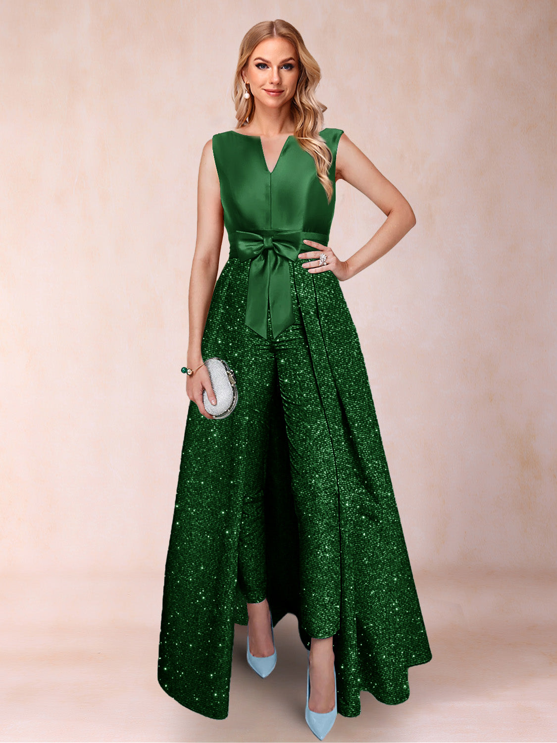 A-Line/Princess V-Neck 3/4 Sleeves 2 Pieces Pantsuits with Bow Knot