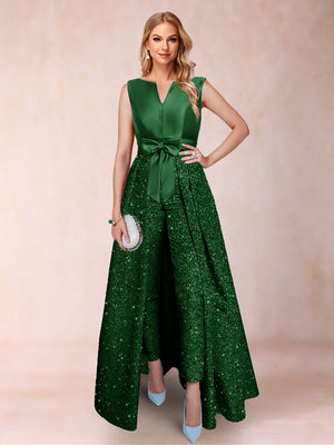 A-Line/Princess V-Neck 3/4 Sleeves 2 Pieces Pantsuits with Bow Knot