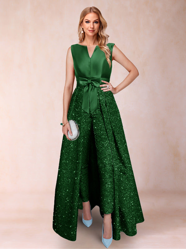 A-Line/Princess V-Neck 3/4 Sleeves 2 Pieces Pantsuits with Bow Knot