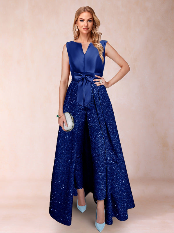 A-Line/Princess V-Neck 3/4 Sleeves 2 Pieces Pantsuits with Bow Knot