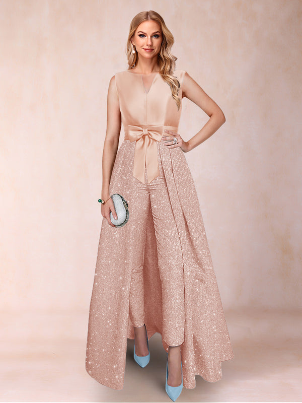 A-Line/Princess V-Neck 3/4 Sleeves 2 Pieces Pantsuits with Bow Knot