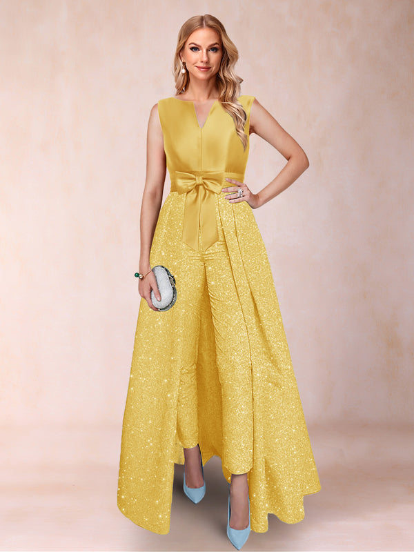 A-Line/Princess V-Neck 3/4 Sleeves 2 Pieces Pantsuits with Bow Knot