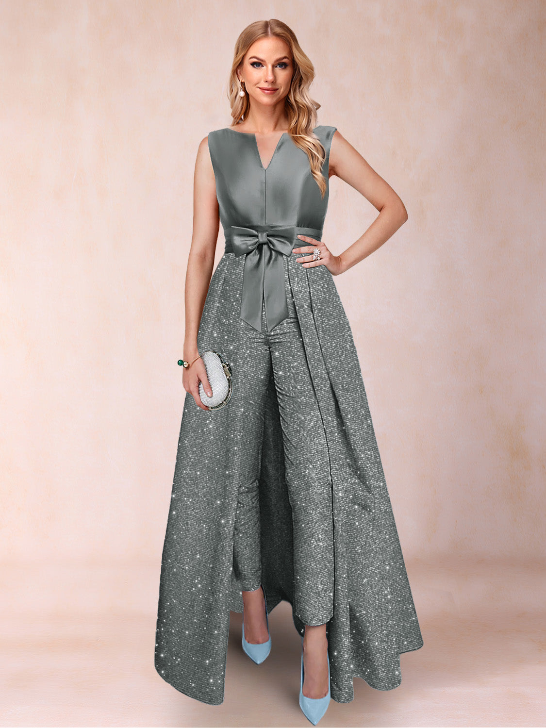 A-Line/Princess V-Neck 3/4 Sleeves 2 Pieces Pantsuits with Bow Knot