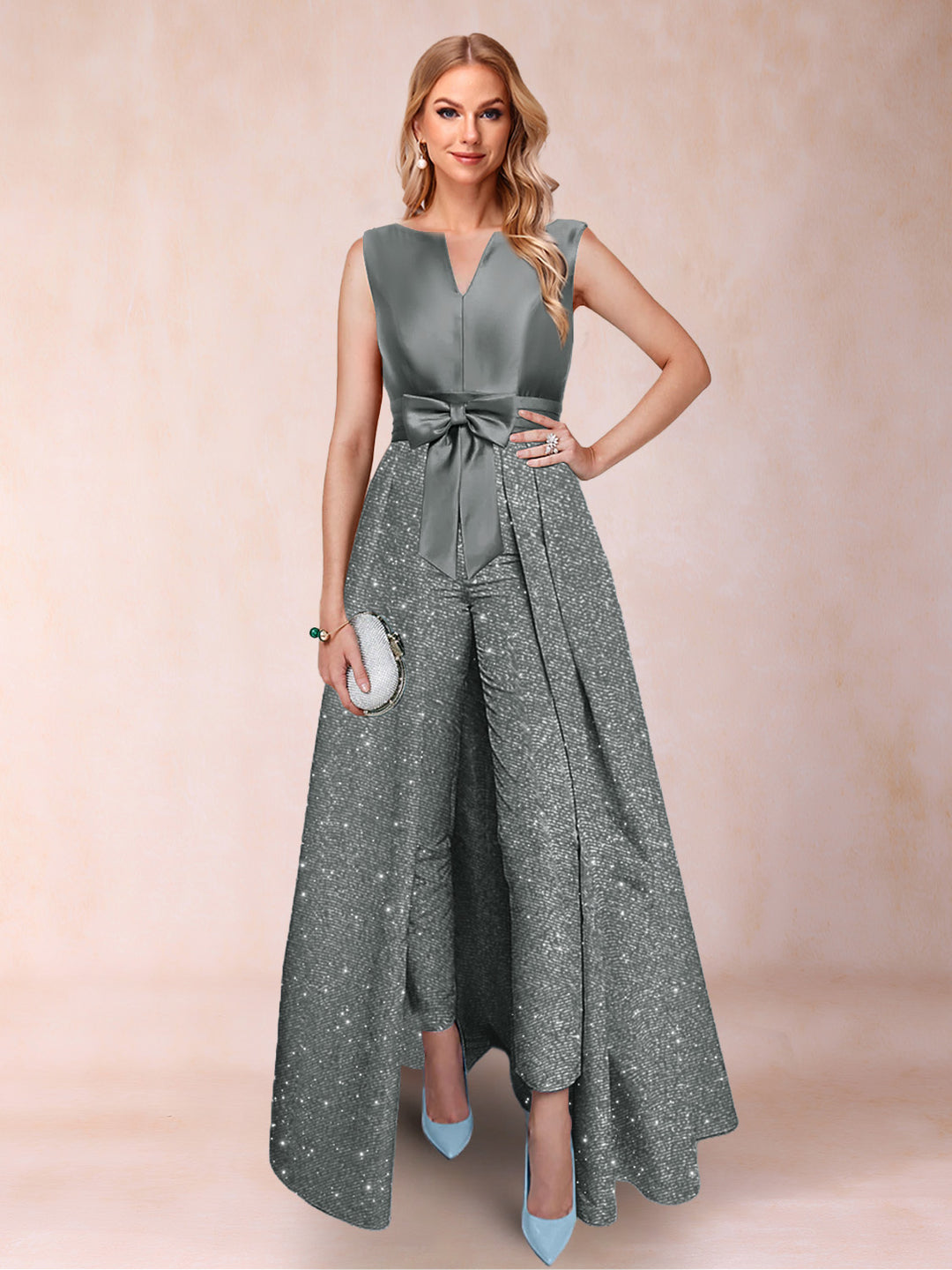 A-Line/Princess V-Neck 3/4 Sleeves 2 Pieces Pantsuits with Bow Knot
