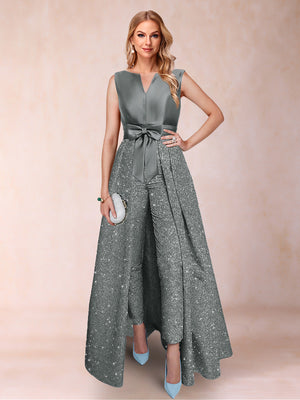 A-Line/Princess V-Neck 3/4 Sleeves 2 Pieces Pantsuits with Bow Knot