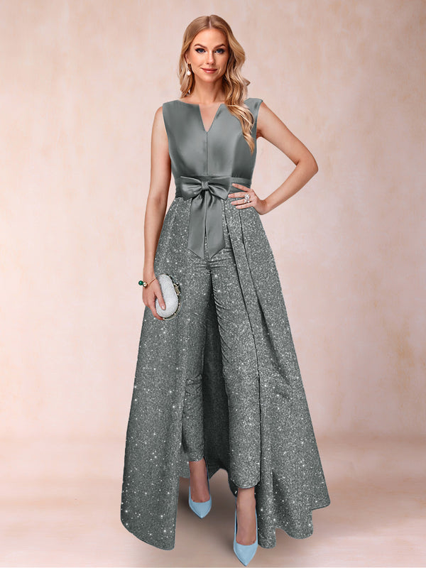 A-Line/Princess V-Neck 3/4 Sleeves 2 Pieces Pantsuits with Bow Knot