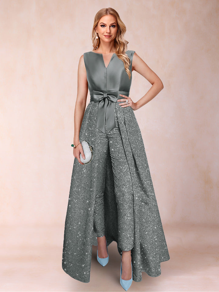 A-Line/Princess V-Neck 3/4 Sleeves 2 Pieces Pantsuits with Bow Knot