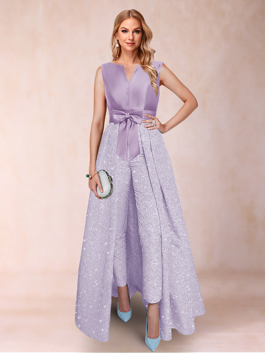 A-Line/Princess V-Neck 3/4 Sleeves 2 Pieces Pantsuits with Bow Knot