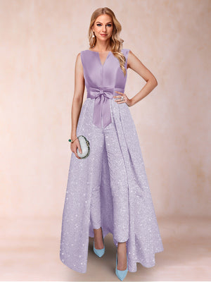 A-Line/Princess V-Neck 3/4 Sleeves 2 Pieces Pantsuits with Bow Knot