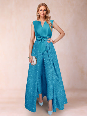 A-Line/Princess V-Neck 3/4 Sleeves 2 Pieces Pantsuits with Bow Knot