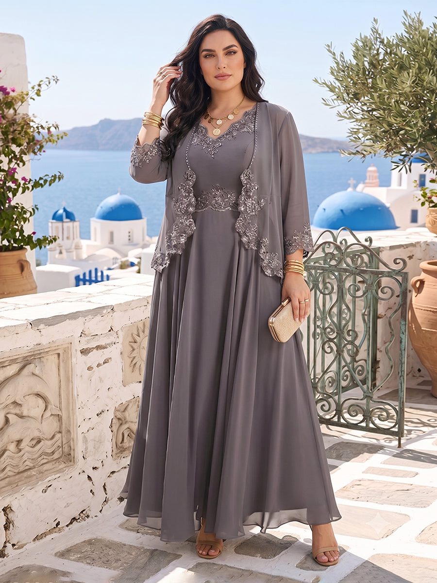 Lavetir A-Line/Princess V-Neck 3/4 Sleeves 2 Pieces Plus Size Mother of the Bride Dresses with Applique 2026