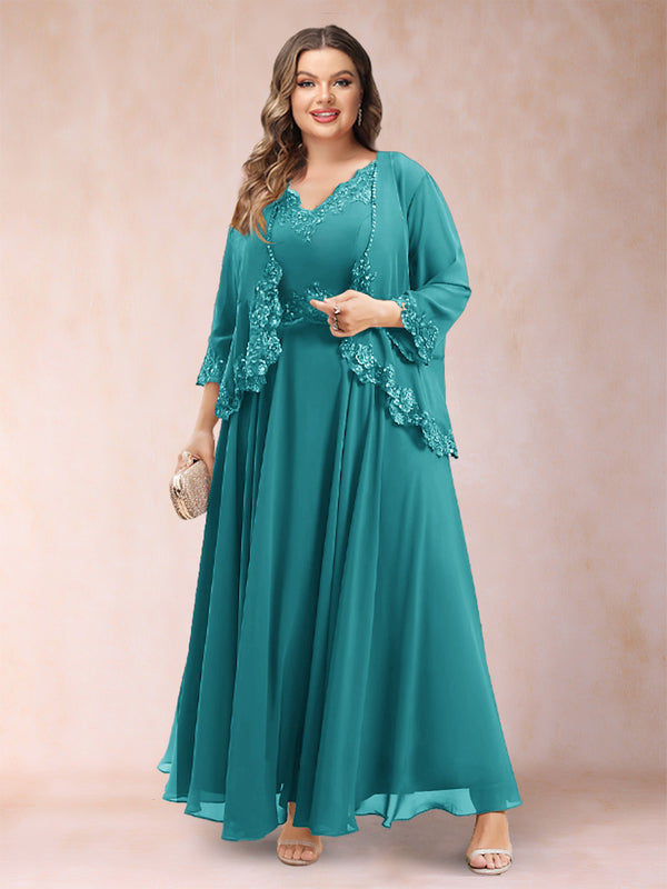 A-Line/Princess V-Neck 3/4 Sleeves 2 Pieces Plus Size Mother of the Bride Dresses with Applique