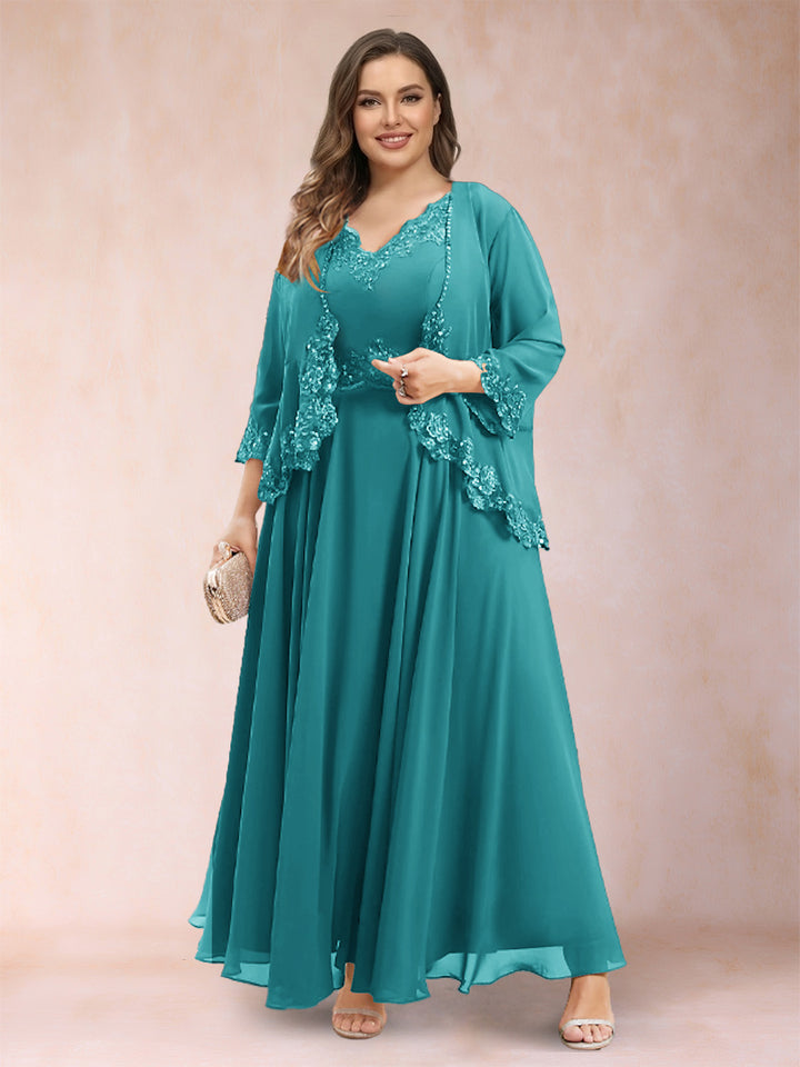A-Line/Princess V-Neck 3/4 Sleeves 2 Pieces Plus Size Mother of the Bride Dresses with Applique