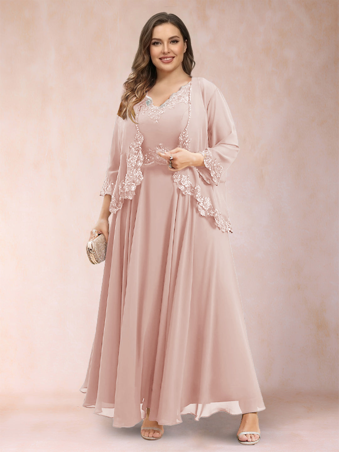 A-Line/Princess V-Neck 3/4 Sleeves 2 Pieces Plus Size Mother of the Bride Dresses with Applique