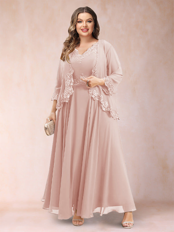 A-Line/Princess V-Neck 3/4 Sleeves 2 Pieces Plus Size Mother of the Bride Dresses with Applique