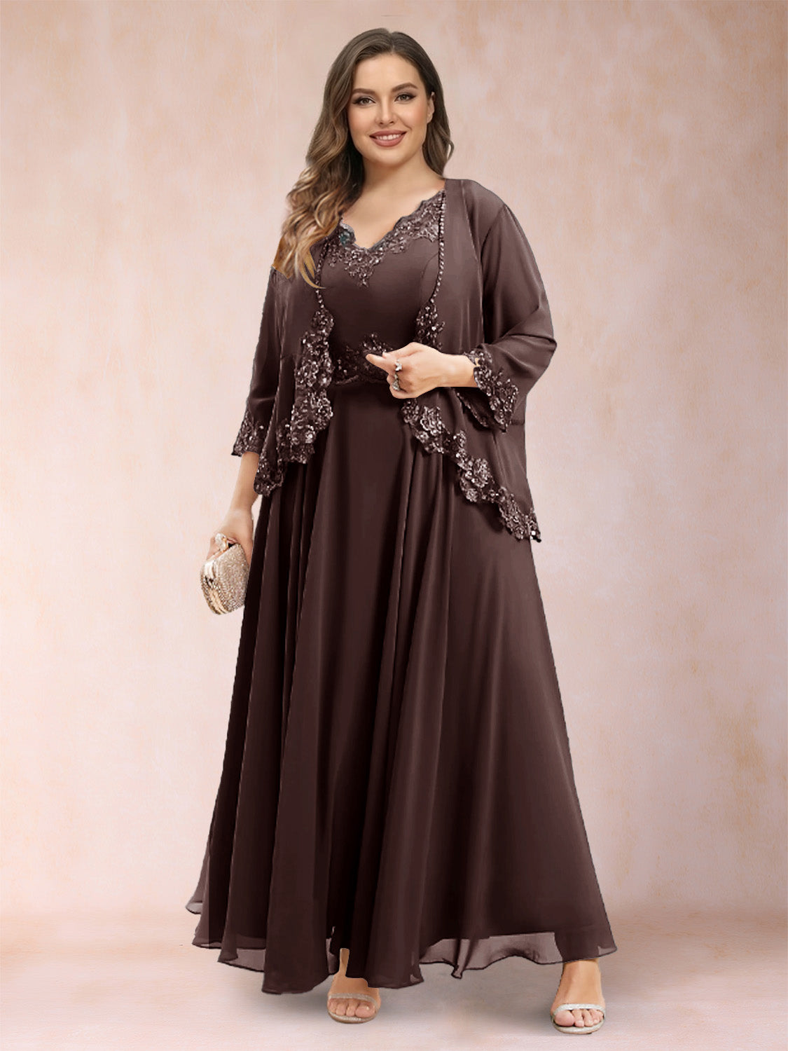 A-Line/Princess V-Neck 3/4 Sleeves 2 Pieces Plus Size Mother of the Bride Dresses with Applique