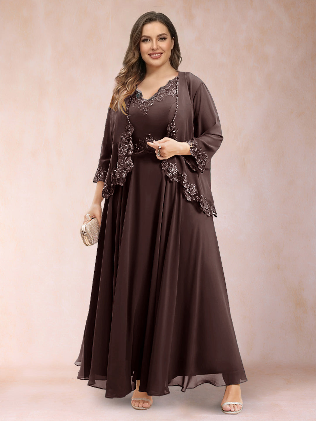 A-Line/Princess V-Neck 3/4 Sleeves 2 Pieces Plus Size Mother of the Bride Dresses with Applique
