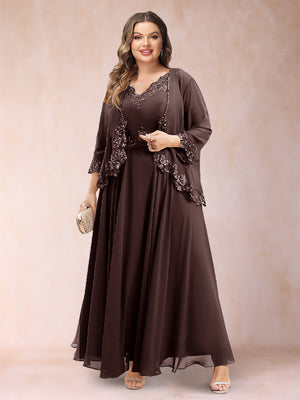 A-Line/Princess V-Neck 3/4 Sleeves 2 Pieces Plus Size Mother of the Bride Dresses with Applique