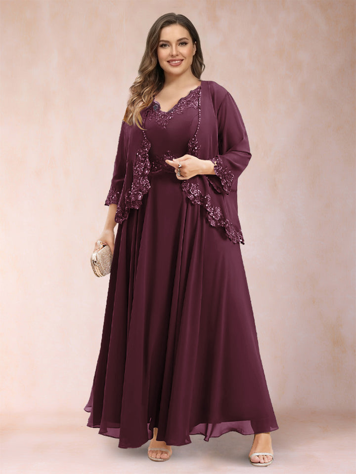 A-Line/Princess V-Neck 3/4 Sleeves 2 Pieces Plus Size Mother of the Bride Dresses with Applique