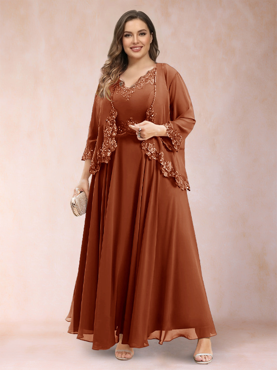 A-Line/Princess V-Neck 3/4 Sleeves 2 Pieces Plus Size Mother of the Bride Dresses with Applique
