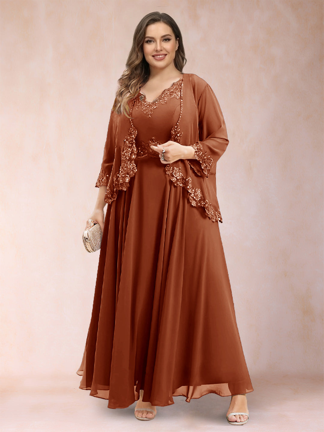 A-Line/Princess V-Neck 3/4 Sleeves 2 Pieces Plus Size Mother of the Bride Dresses with Applique