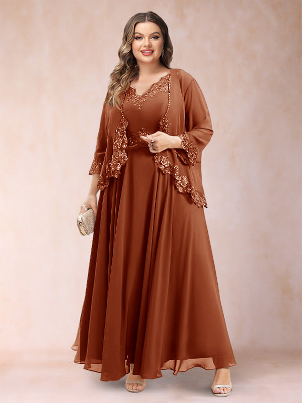 A-Line/Princess V-Neck 3/4 Sleeves 2 Pieces Plus Size Mother of the Bride Dresses with Applique