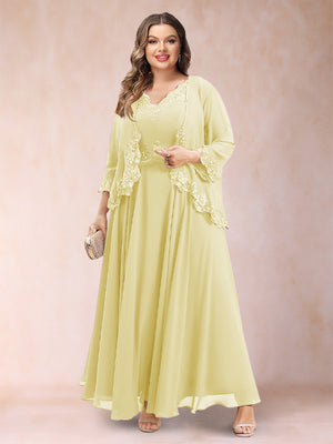 A-Line/Princess V-Neck 3/4 Sleeves 2 Pieces Plus Size Mother of the Bride Dresses with Applique