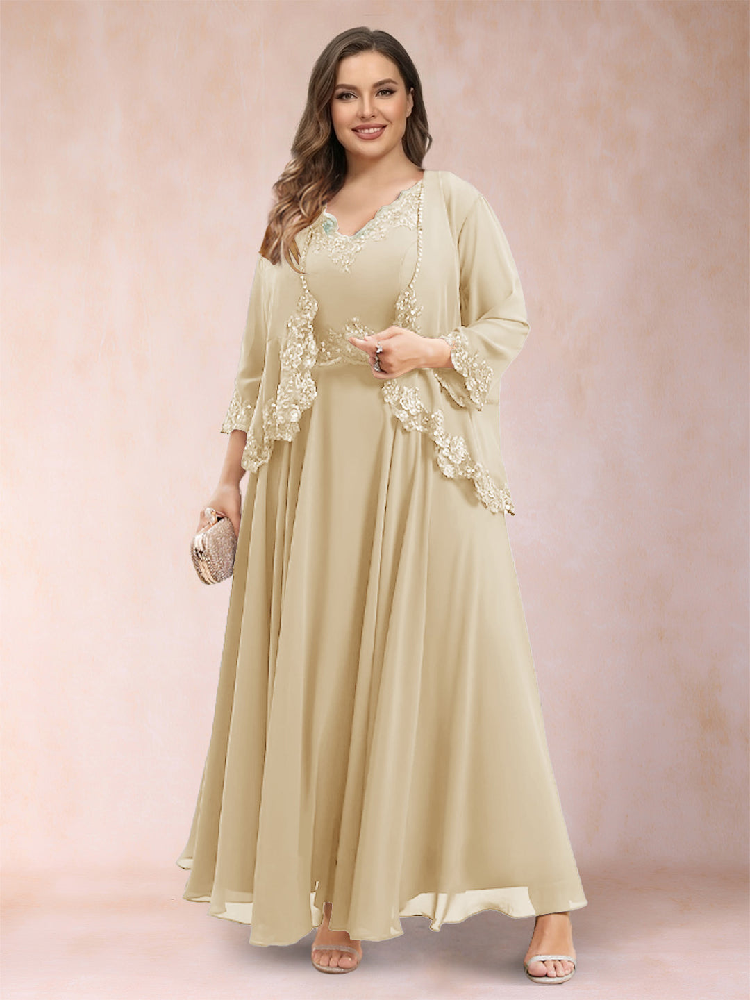 A-Line/Princess V-Neck 3/4 Sleeves 2 Pieces Plus Size Mother of the Bride Dresses with Applique