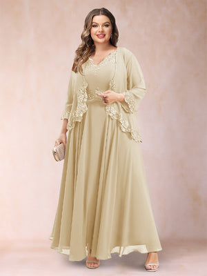 A-Line/Princess V-Neck 3/4 Sleeves 2 Pieces Plus Size Mother of the Bride Dresses with Applique