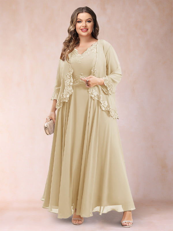 A-Line/Princess V-Neck 3/4 Sleeves 2 Pieces Plus Size Mother of the Bride Dresses with Applique