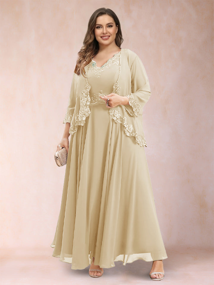 A-Line/Princess V-Neck 3/4 Sleeves 2 Pieces Plus Size Mother of the Bride Dresses with Applique