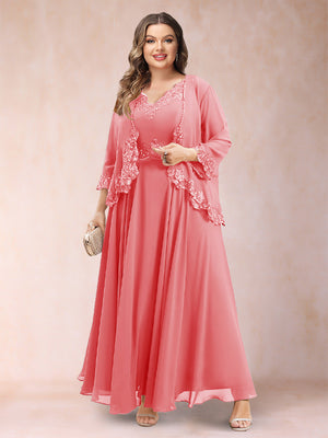 A-Line/Princess V-Neck 3/4 Sleeves 2 Pieces Plus Size Mother of the Bride Dresses with Applique