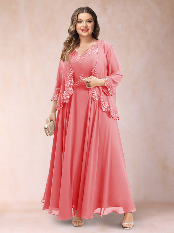 A-Line/Princess V-Neck 3/4 Sleeves 2 Pieces Plus Size Mother of the Bride Dresses with Applique