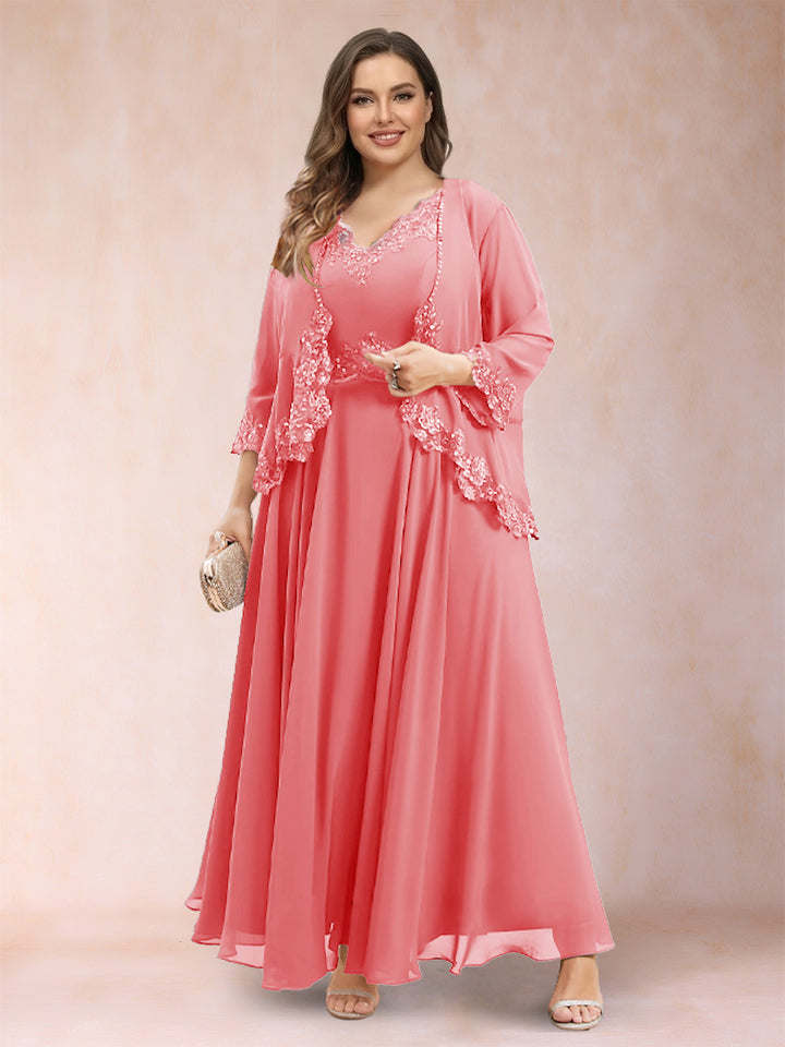 A-Line/Princess V-Neck 3/4 Sleeves 2 Pieces Plus Size Mother of the Bride Dresses with Applique