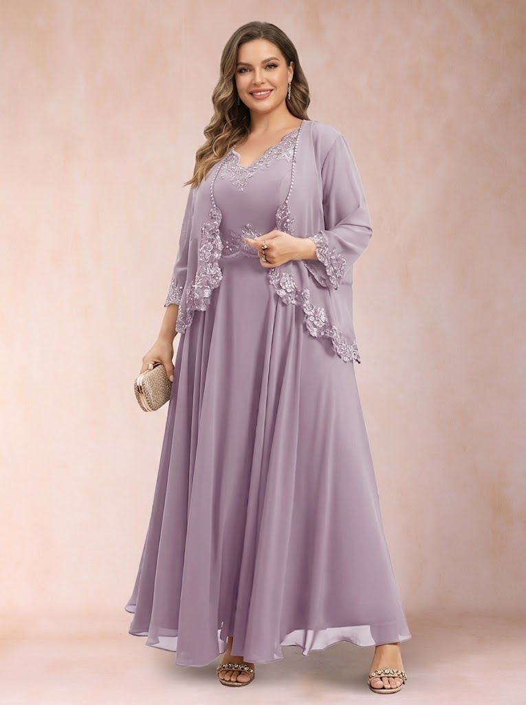 A-Line/Princess V-Neck 3/4 Sleeves 2 Pieces Plus Size Mother of the Bride Dresses with Applique