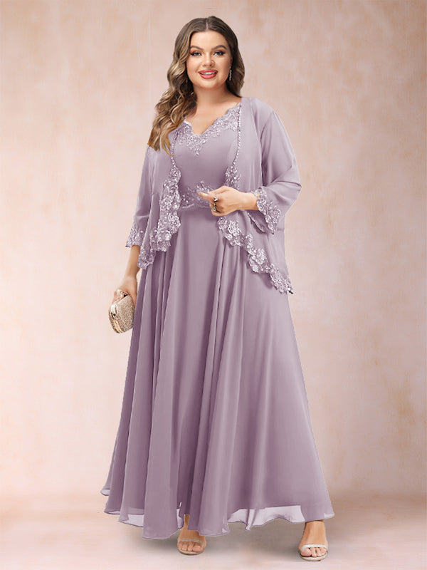A-Line/Princess V-Neck 3/4 Sleeves 2 Pieces Plus Size Mother of the Bride Dresses with Applique