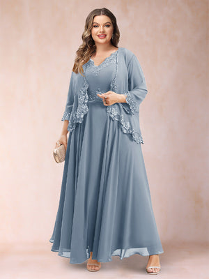 A-Line/Princess V-Neck 3/4 Sleeves 2 Pieces Plus Size Mother of the Bride Dresses with Applique