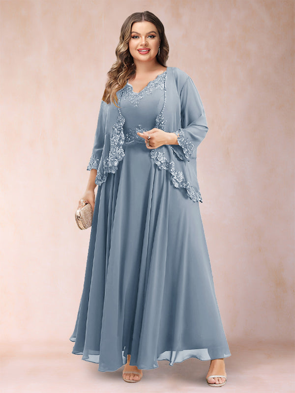 A-Line/Princess V-Neck 3/4 Sleeves 2 Pieces Plus Size Mother of the Bride Dresses with Applique