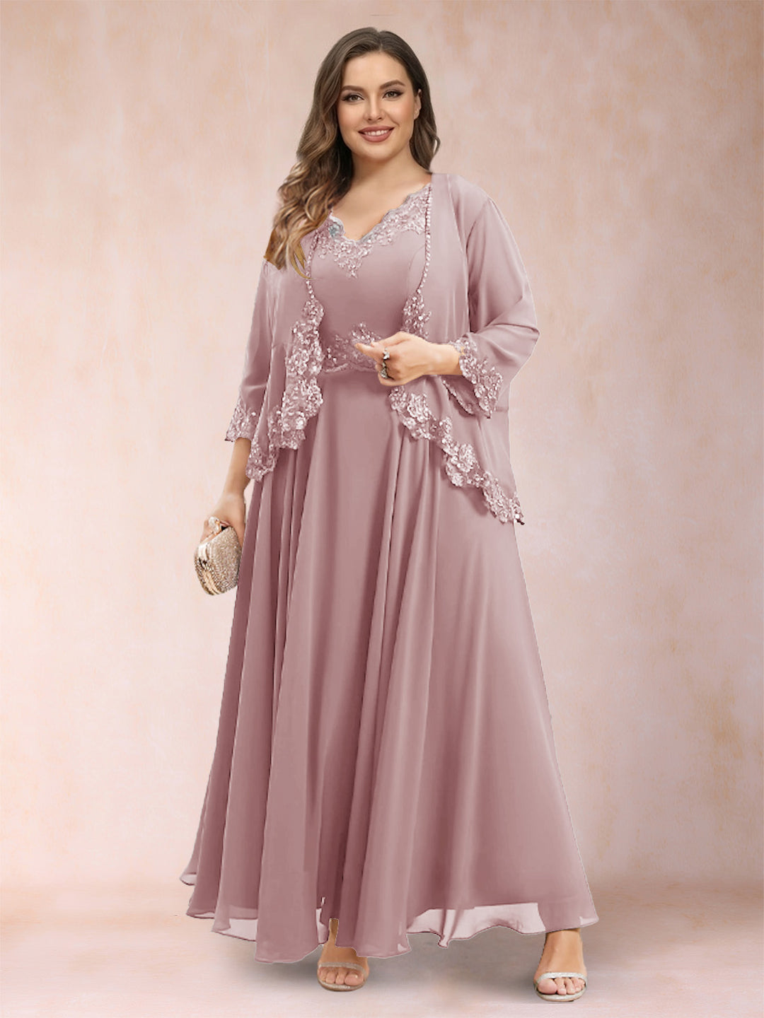 A-Line/Princess V-Neck 3/4 Sleeves 2 Pieces Plus Size Mother of the Bride Dresses with Applique
