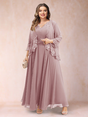 A-Line/Princess V-Neck 3/4 Sleeves 2 Pieces Plus Size Mother of the Bride Dresses with Applique