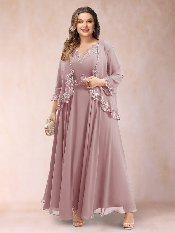 A-Line/Princess V-Neck 3/4 Sleeves 2 Pieces Plus Size Mother of the Bride Dresses with Applique