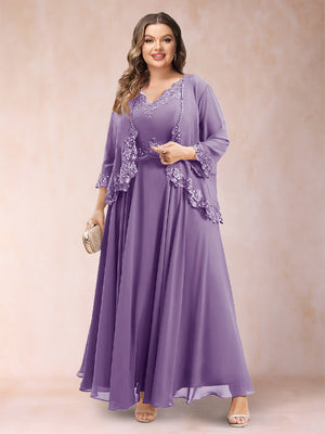 A-Line/Princess V-Neck 3/4 Sleeves 2 Pieces Plus Size Mother of the Bride Dresses with Applique