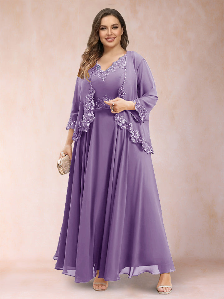 A-Line/Princess V-Neck 3/4 Sleeves 2 Pieces Plus Size Mother of the Bride Dresses with Applique