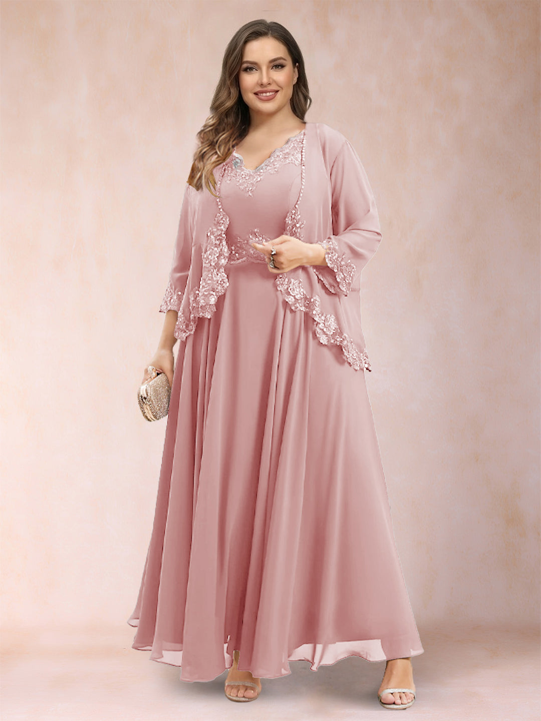 A-Line/Princess V-Neck 3/4 Sleeves 2 Pieces Plus Size Mother of the Bride Dresses with Applique