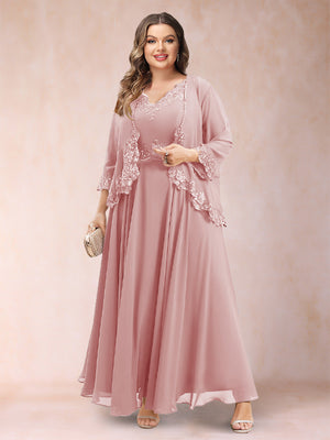 A-Line/Princess V-Neck 3/4 Sleeves 2 Pieces Plus Size Mother of the Bride Dresses with Applique