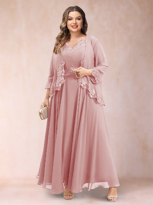 A-Line/Princess V-Neck 3/4 Sleeves 2 Pieces Plus Size Mother of the Bride Dresses with Applique