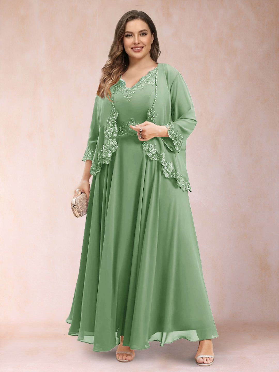 A-Line/Princess V-Neck 3/4 Sleeves 2 Pieces Plus Size Mother of the Bride Dresses with Applique