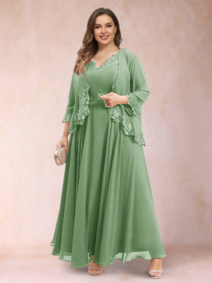 A-Line/Princess V-Neck 3/4 Sleeves 2 Pieces Plus Size Mother of the Bride Dresses with Applique